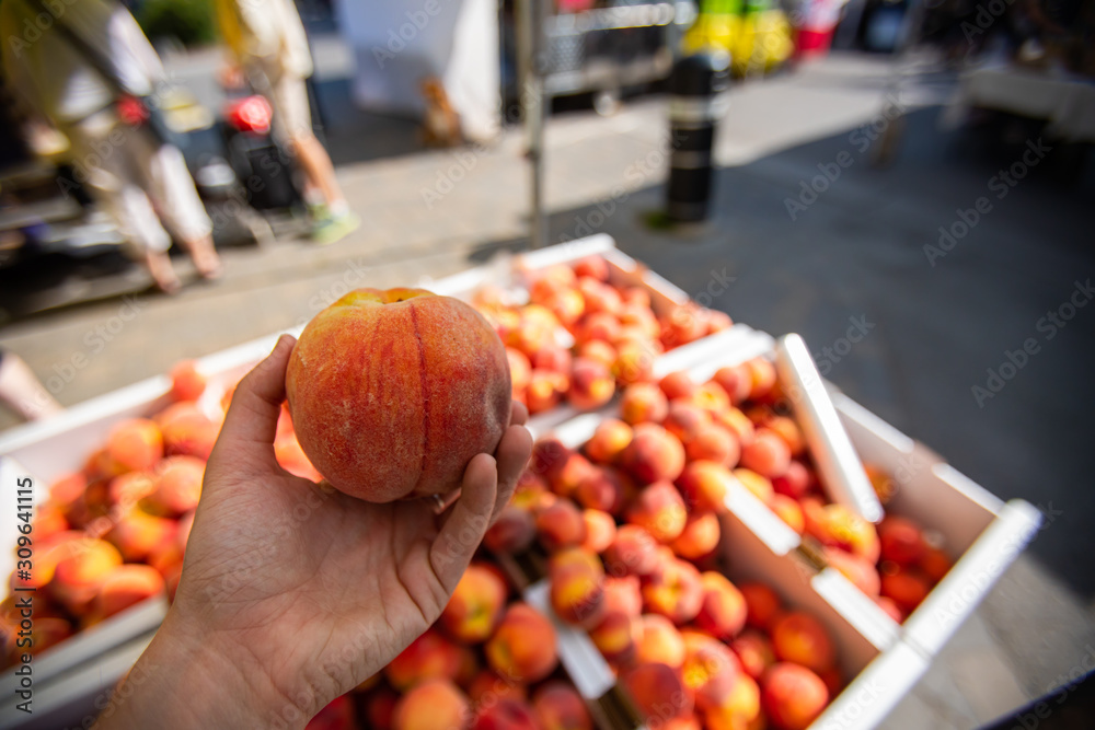 Wall mural a closeup and point of view perspective of a person holding a fresh and juicy peach at a street mark