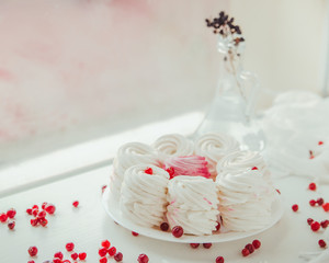 Handmade air russian fruit white marshmallow on a white background. Homemade Sweets.