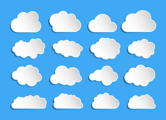 Cloud in paper style set on blue background. Vector illustration