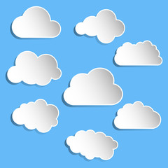 Cloud in paper style set on blue background. Vector illustration