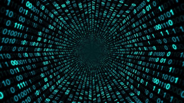 Binary code flying in space. Abstract motion graphics animation background.