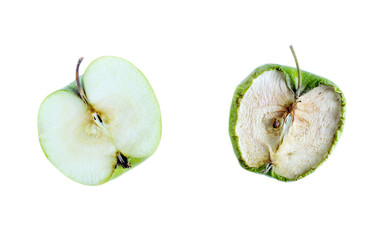 half green Apple in cut and half yellowed green Apple on white background