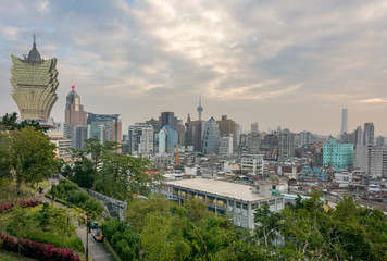 Panoramic view of the cityscape of Macau, China. Modern and old buildings of Macao city.