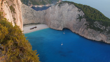 Top view of Zante - Zakynthos, Greece. Shiprweck Beach at sunset