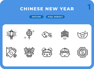 Chinese New Year Dashed Outline Icons Pack for UI. Pixel perfect thin line vector icon set for web design and website application.