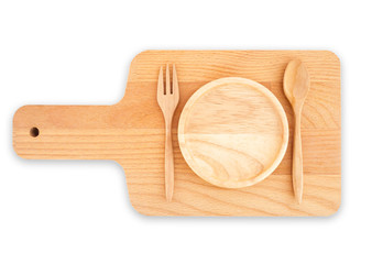 Isolated Wooden Kitchen Utensils food preparation, Wooden spoon, fork and empty small round dish saucer served on cutting chopping board with white background (clipping path)