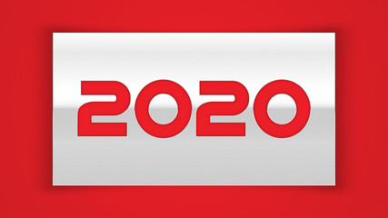 2020 Happy New Year Eve Vector Silver Metal Greeting Card Design Template 3D White Red Background. Chinese Year Of Rat Abstract Illustration