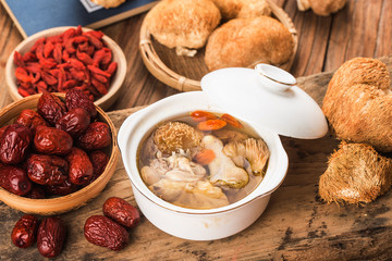 Stewed chicken soup with Hericium erinaceus，Chinese cuisine © dashu83