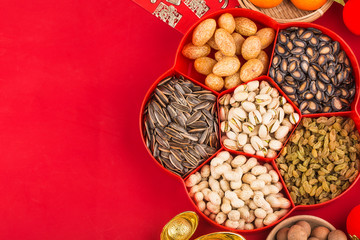 Top view accessories Chinese new year festival decorations.Chinese translation: Great luck，blessing