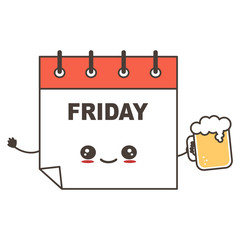 cute cartoon happy calendar character on Friday with glass of beer funny vector illustration