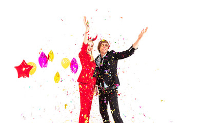 Plakat young couple enjoy with colorful confetti in new year celebration party