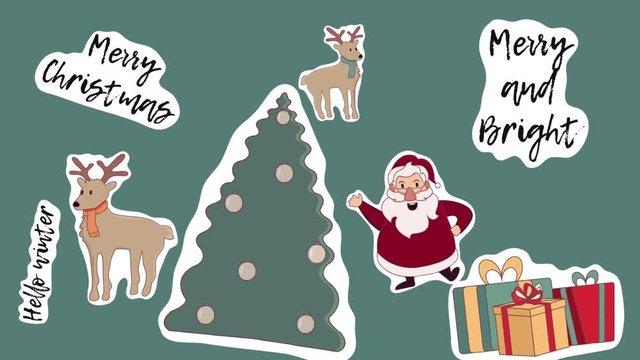 Christmas stickers collection. Santa claus, christmas tree, deer and presents.  Merry Christmas greeting card animation. Template for banners, presentations and greeting cards. stock footage