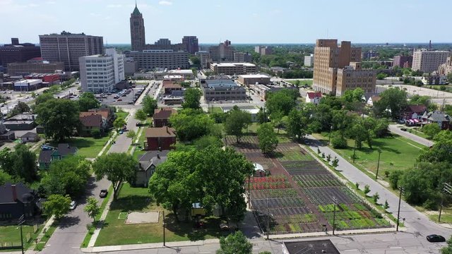 Urban gardens in Detroit Michigan Aerial view .