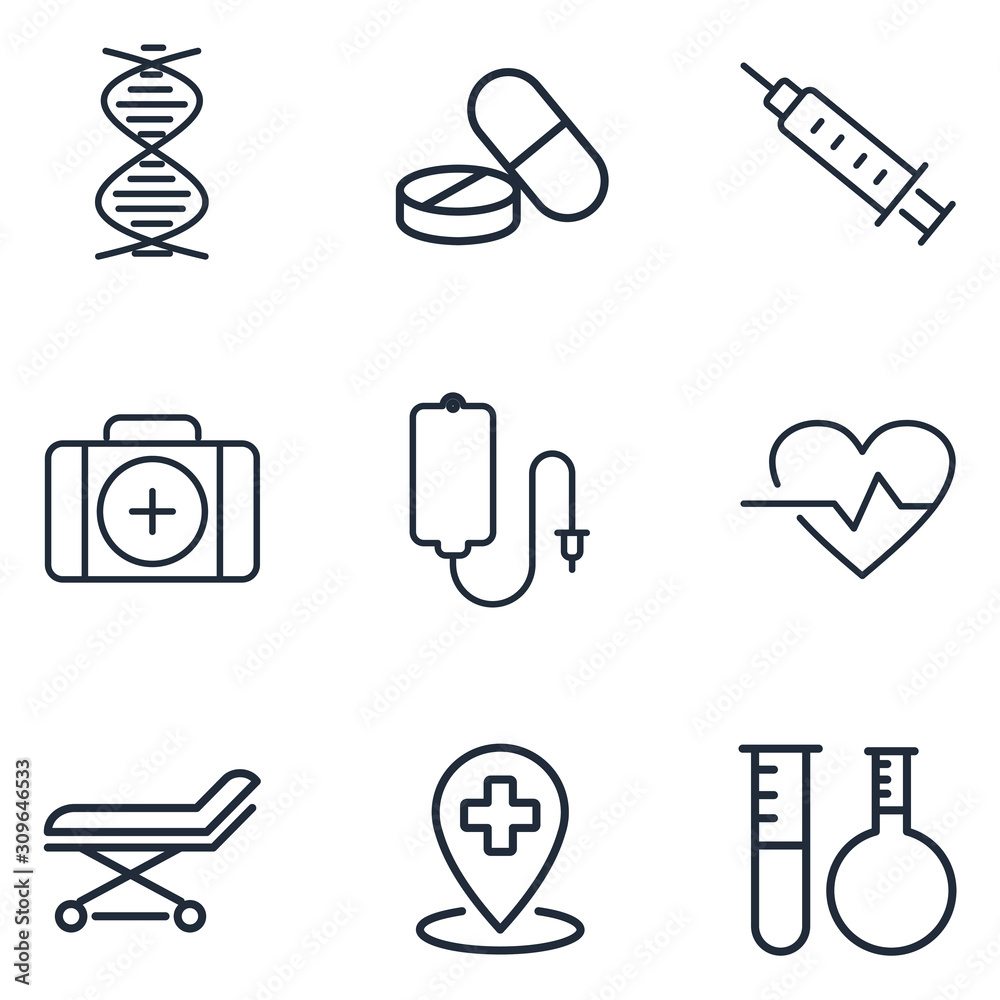 Poster medical assistance vector line icons template color editable. medicine and health symbol vector sign