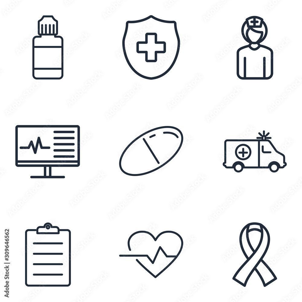 Poster Medical Assistance Vector Line Icons template color editable. Medicine and Health symbol vector sign isolated on white background illustration for graphic and web design.