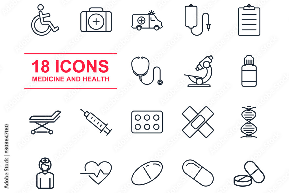 Poster medical assistance vector line icons template color editable. medicine and health symbol vector sign