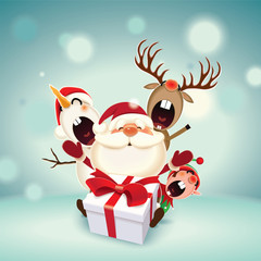 Christmas companions-Santa Claus,Reindeer,Snowman and Elf with gift box isolated on a blue sparkle background
