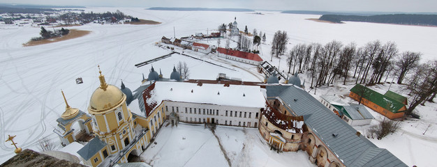 Top view of church at winter with snow