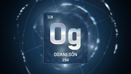 3D illustration of Oganesson as Element 118 of the Periodic Table. Blue illuminated atom design background with orbiting electrons. Name, atomic weight, element number in Spanish language