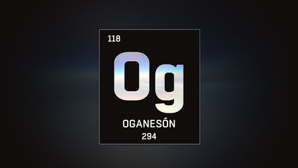 3D illustration of Oganesson as Element 118 of the Periodic Table. Grey illuminated atom design background with orbiting electrons. Name, atomic weight, element number in Spanish language