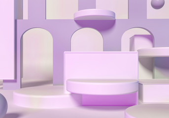 Architectural trend composition. Cubic, cylindrical geometric pedestal, podium. Soft pink violet blue, pastel colors. Stylish 3d advertisement illustration. Exhibition podium in promotion brand store