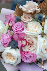 Bouquet of flowers. Natural fresh flower. Rose, anemone, buttercup, matthiola, tulip, eucalyptus, daffodil, chamomile, gerbera, dahlia, orchid, lotus, iris, lilac, gardenia, jasmine, magnolia, hyacint