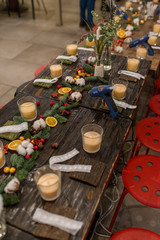 Christmas feeding, Christmas decorations and decor, lights and candles, handmade festive decoration made of cotton, Christmas trees, dried fruits and flowers and lanterns