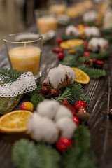 Christmas feeding, Christmas decorations and decor, lights and candles, handmade festive decoration made of cotton, Christmas trees, dried fruits and flowers and lanterns