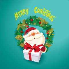 Santa Claus with a gift box and Christmas wreath, Merry Christmas celebrate concept