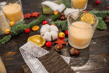 Christmas feeding, Christmas decorations and decor, lights and candles, handmade festive decoration made of cotton, Christmas trees, dried fruits and flowers and lanterns