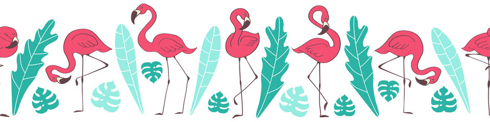 Seamless horizontal border with cute hand drawn flamingos. Exotic birds on white background. Flat vector illustration.