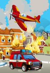 cartoon scene with fireman car vehicle near burning building - illustration for children