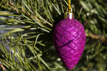 Christmas tree cone purple color on a decorated Christmas tree. Christmas backgroung