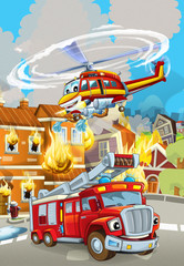 cartoon scene with fireman car vehicle near burning building - illustration for children