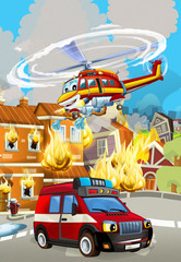 cartoon scene with fireman car vehicle near burning building - illustration for children