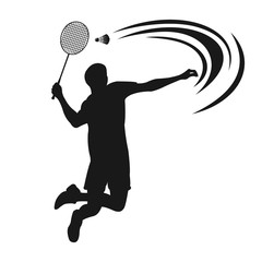 badminton logo, Badminton Player In Action Logo , Aggressive Jumping Smash - obrazy, fototapety, plakaty