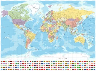 Fotobehang Wereldkaart Politieke wereldkaart en vlaggen - gedetailleerde vectorillustratie