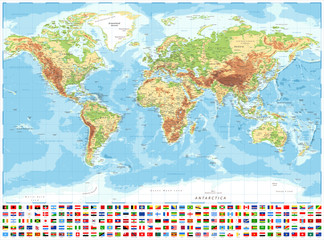 Carte du monde et drapeaux - topographique physique - illustration vectorielle détaillée