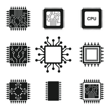 Computer Chips and Electronic Circuit icons, isolated on white background.
