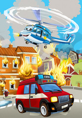 cartoon scene with fireman car vehicle near burning building - illustration for children