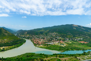 The Top View Of Mtskheta, Georgia, The Old Town Lies At The Confluence Of The Rivers Mtkvari And Aragvi. Svetitskhoveli Cathedral, Ancient Georgian Orthodox Church