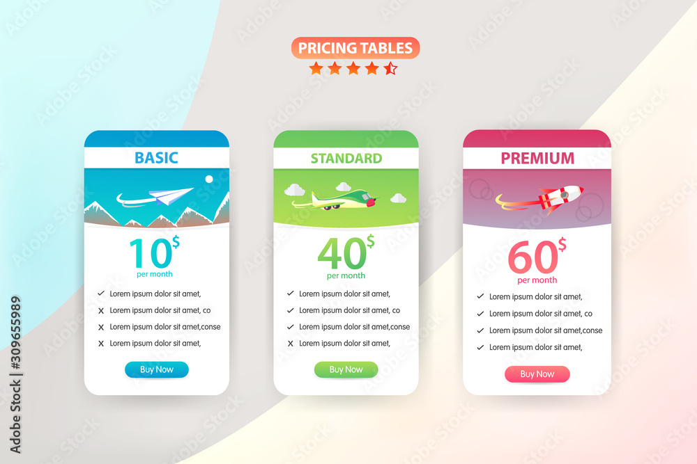 Wall mural pricing table 3 different plane vector template design