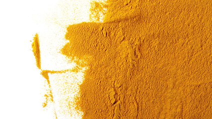 Turmeric powder isolated on white background, top view