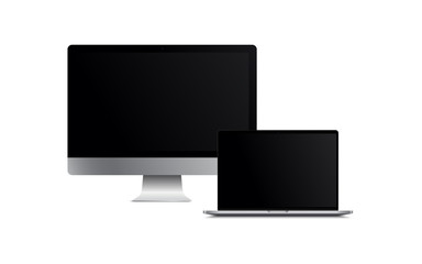 Blank screen LCD monitor silver imac and macbook pro style computer mockup. Realistic illustration isolated on white background for website preview; presentation etc. Vector EPS.