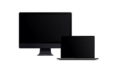Blank screen LCD monitor space grey imac and macbook pro style computer mockup. Realistic illustration isolated on white background for website preview; presentation etc. Vector EPS.