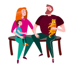 Cute flat illustration of happy family sitting on chair together. Mother, father, little son and ginger cat. Mom, Dad and toddler kid on lap with pet. Smiling young parents with child