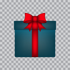 Blue gift box with red satin bow, vector illustration.