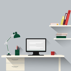 Desktop. Workspace for freelancer in flat style.Desktop with personal computer, table lamp, cup of coffee, pencils and pens.