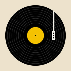 Vinyl record. Vintage vinyl record disk with empty white label on orange background. retro sound technology to play music