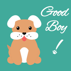A cute brown and white dog with a heart-shaped nose is sitting and rejoices. He's a good boy. Cartoon character isolated on a turquoise background. Vector illustration for prints, cards, decor.
